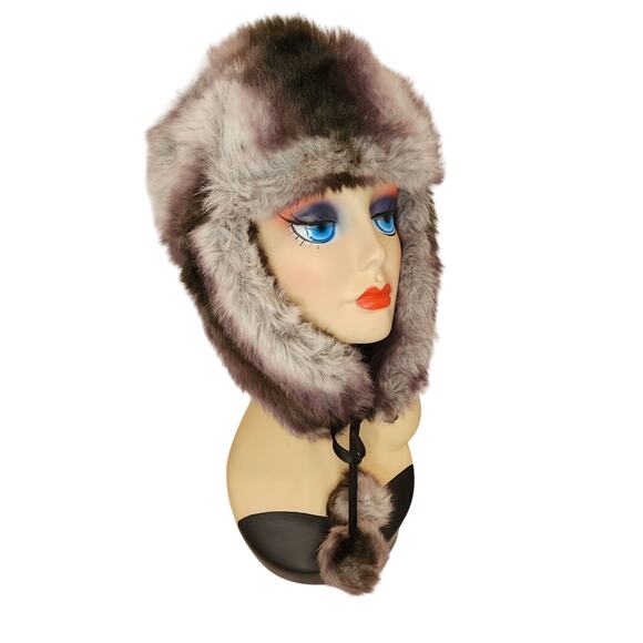 Vintage Accessories - NEW Vintage Jacklyn Smith Trapper Hat O/S Faux Fur Gray & White Winter Cozy Warm